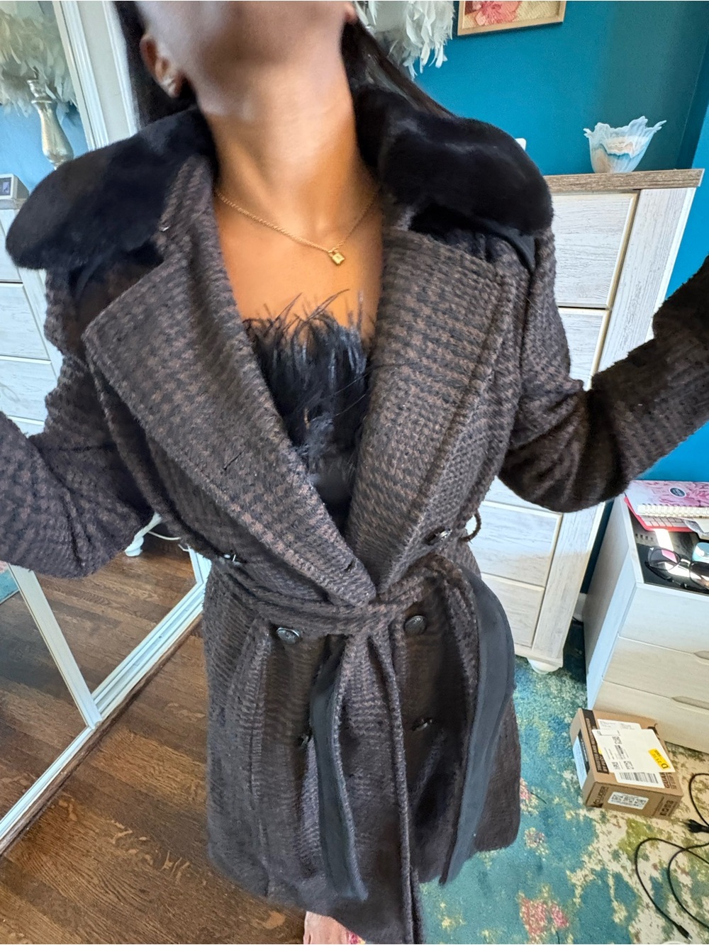 Vince Camuto Brown Houndstooth Trench Coat with Faux Fur Collar